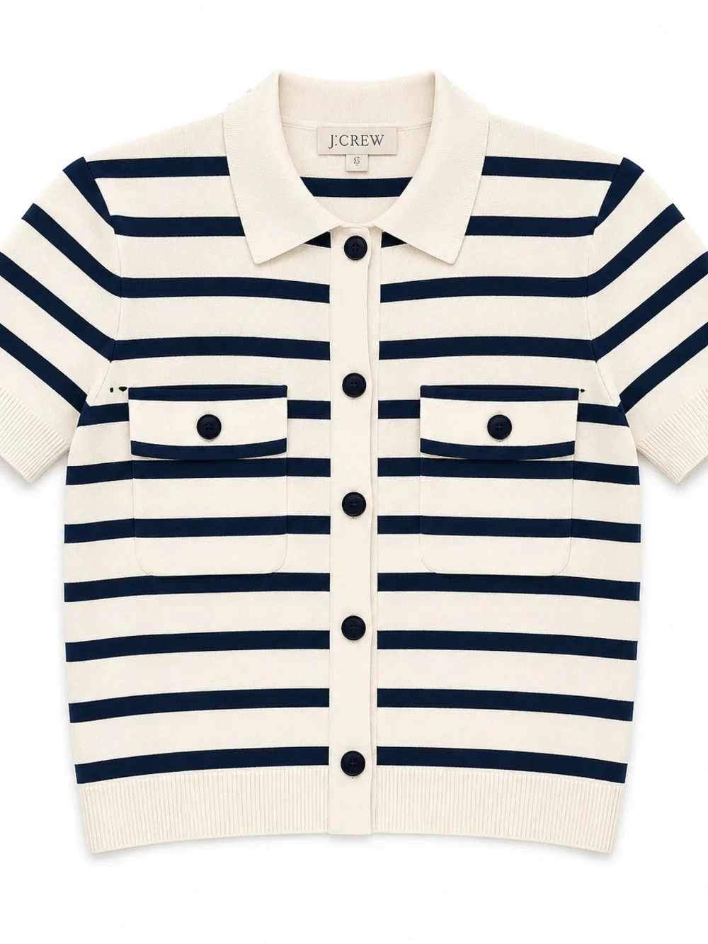 J. Crew Navy and Cream Striped Short-Sleeve Polo Cardigan